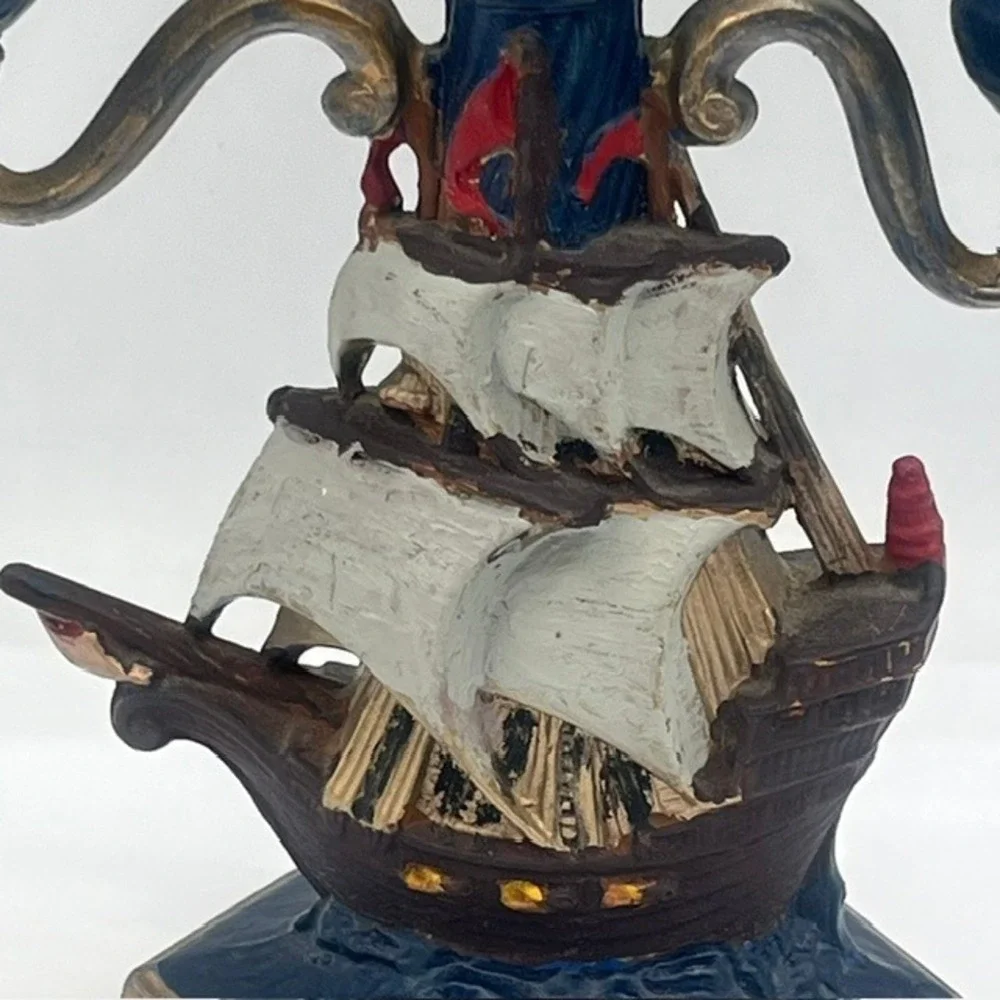 Vintage Nautical Sailing Ship Cast Metal Candelabra 3Arm Candle Holder Blue Gold